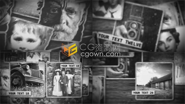 PR相册模板-复古拼贴画效果黑白照片时间线展示纪录片历史相册