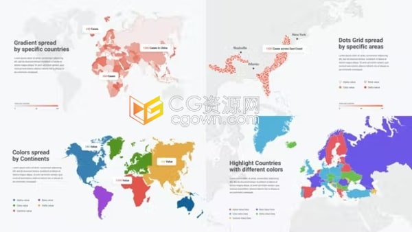 世界地图信息图表动画元素数据区域覆盖点信息框演示AE模板下载