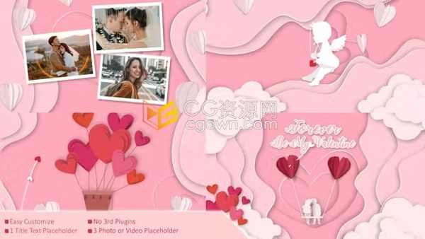 AE模板-剪纸动画插图卡通天使宝贝相册情人节信封动画结婚纪念日视频