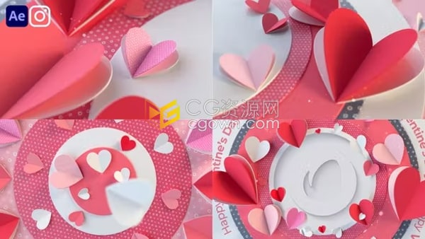 AE LOGO模板-蝴蝶舞动粉色心形剪纸3D场景动画周年庆典情人节婚庆标志片头