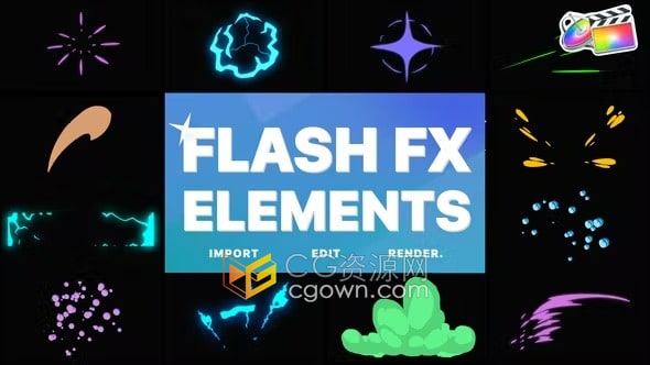 Flash FX Elements FCPX插件12种卡通能量闪光元素MG动画效果