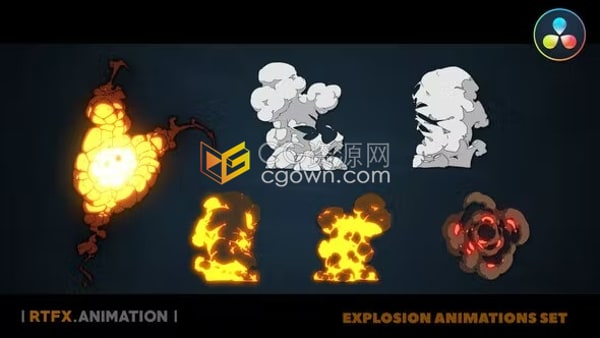 達芬奇模板-6個卡通動漫風格爆炸煙霧火焰特效2D FX 動畫元素