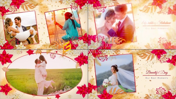AE婚禮模板-奢華粒子金葉紅艷花朵動畫浪漫幻燈片婚慶相冊