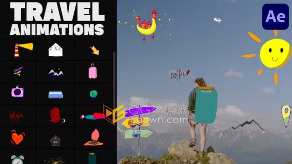 AE模板-旅行主題可愛(ài)手繪動(dòng)畫(huà)卡通貼紙tik tok朋友圈小視頻vlog疊加元素