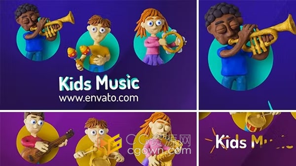卡通角色橡皮泥标志揭示儿童音乐主题AE模板定格动画片头