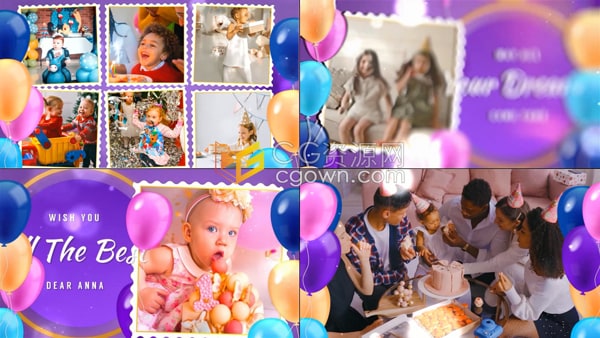 AE模板-兒童生日相冊視頻周年紀念祝福電影專輯視頻祝賀慶祝幻燈片
