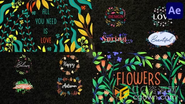 AE模板-自然风格明亮美丽动画文本彩色花卉标题Colorful Floral Titles