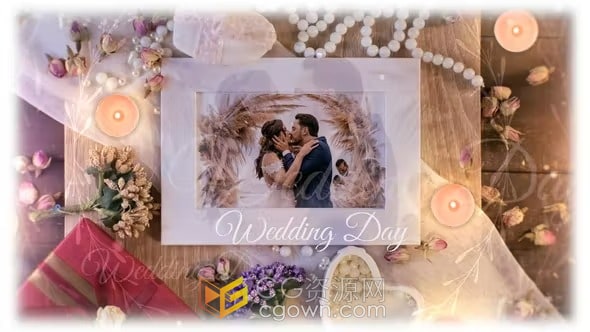 AE婚礼相册模板明亮优雅鲜花相框浪漫照片幻灯片