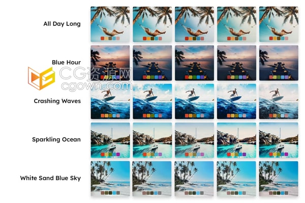 25组蓝天蓝色海洋风格照片视频调色Lightroom与LUT预设