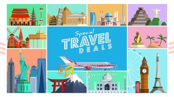 AE模板-世界著名旅游景点和古迹图标元素全球旅行服务广告片尾旅游宣传