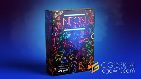 彩色霓虹灯元素包括45种可爱动物和发光图形Neon Elements Animals-AE模板