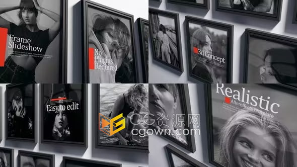 AE模板-摄影工作室墙上黑色相框展示多屏照片相册