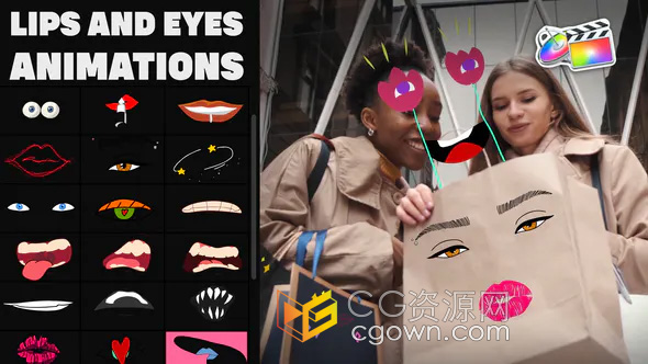 30组嘴唇和眼睛面具贴纸卡通涂鸦风格手绘动画FCPX插件