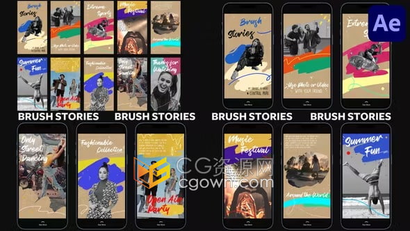 竖屏AE相册模板-Brush Stories艺术笔刷效果多彩时尚幻灯片