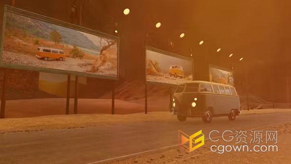 沙漠黄昏场景穿越大峡谷道路老式广告牌展示复古风格旅行相册-AE模板
