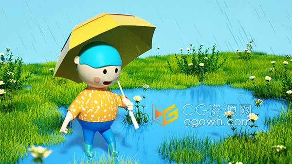 绿色卡通风格夏日雨季男孩戏雨水C4D三维模型