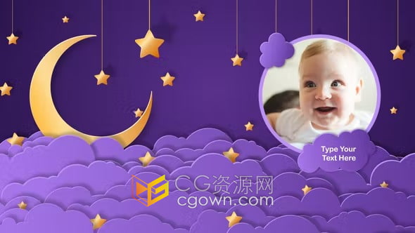 AE模板-可愛卡通精美兒童相冊有趣月亮星星夜間場景嬰兒視頻專輯