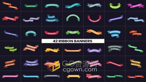 AE模板-42条丝带动画横幅标题元素Ribbon Banners