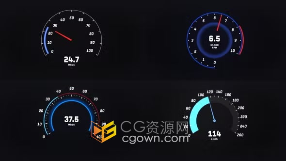 AE模板-各種汽車儀表板數(shù)字顯示器儀表盤平顯轉(zhuǎn)速表和時速表信息圖表