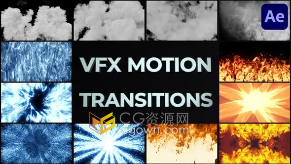 AE模板-VFX Motion Transitions逼真的火焰耀斑烟雾面纱能量爆发过渡效果