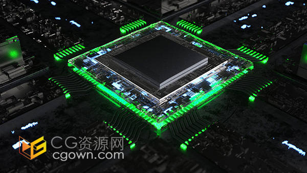 绿色光效科技金属芯片主题C4D三维模型