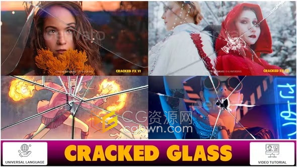 AE模板-破碎图像镜头碎玻璃元素玻璃裂纹照片视频Cracked Glass