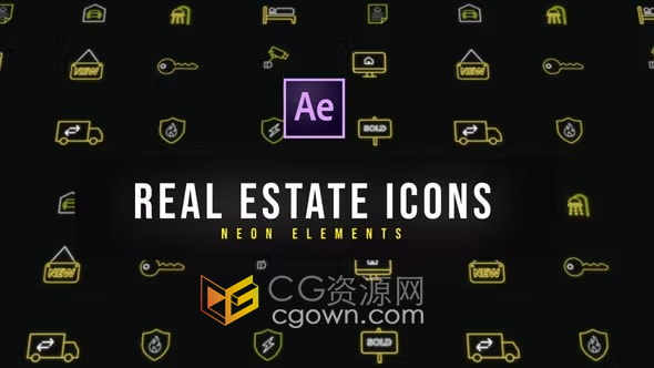 AE模板-13个房地产霓虹灯图标Real Estate Neon Icons