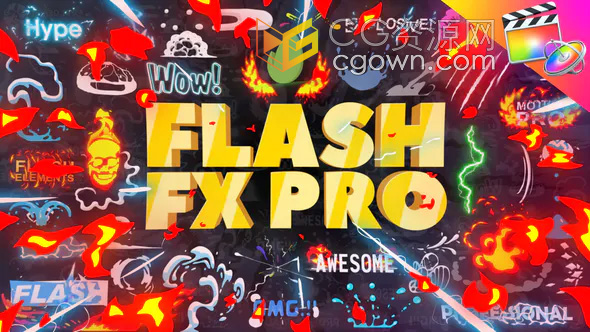 Flash FX Pro FCPX插件374个二维卡通动漫火焰能量LOGO标题转场MG动画元素包