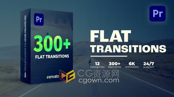 Flat Transitions PR模板300种视频转场预设移动缩放过渡动画