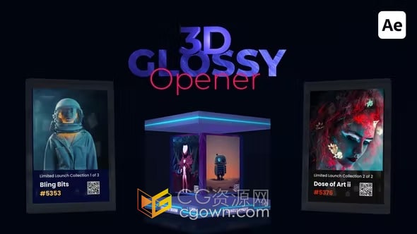 3D NFT Glossy Opener AE模板三维光泽框展示卡片动画