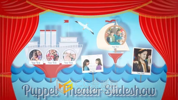 木偶剧院幻灯片卡通戏剧舞台展示儿童照片动画视频AE模板