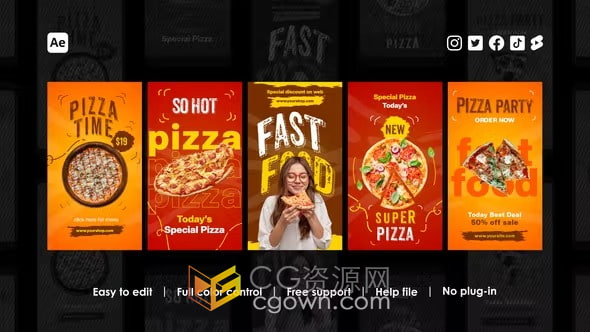 AE短视频模板-披萨小吃食品商店广告垂直视频竖屏动态海报