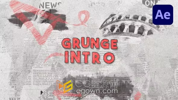 AE模板-碎片动画拼成复古涂鸦风格报纸片头Grunge Brush Logo Intro