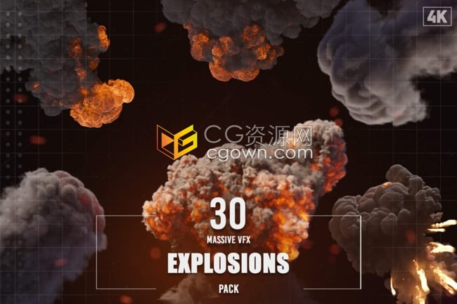 4K视频素材31个大型爆炸浓烟雾VFX特效合成动画Alpha通道Massive VFX Explosions