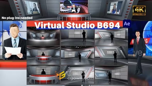 9个电视台新闻频道虚拟演播室场景4K分辨率B694-AE模板