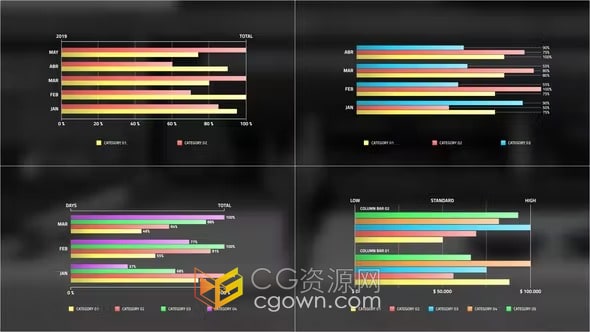 4组横列条形信息图表效果-PR模板免费下载