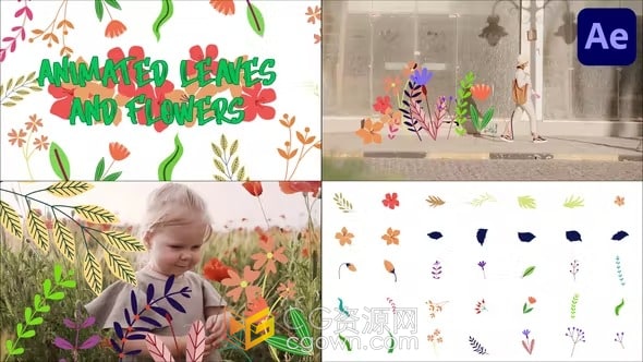 35组卡通叶子花朵动画图形元素视频画面叠加-AE模板
