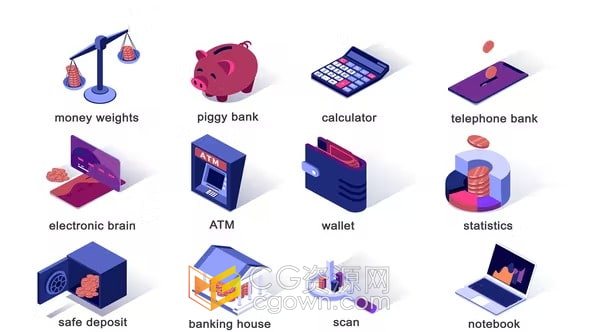 AE模板-计算器存钱罐保险箱银行柜员机货币金融银行元素等距动画图标