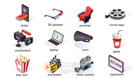 3D眼镜相机磁带电影院摄像机影视主题等距图标动画-AE模板