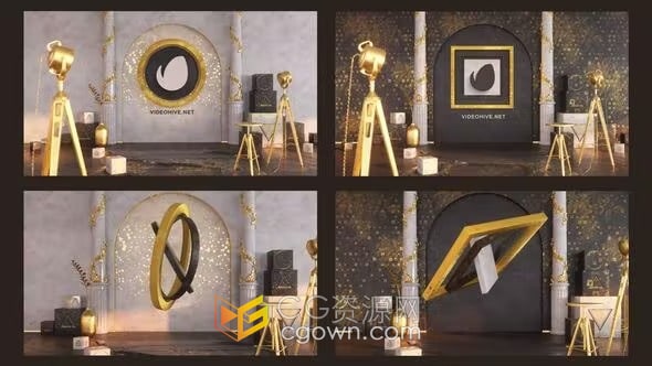 AE模板-金色优雅室内大厅场景3D标志动画显示