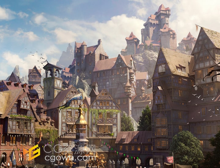童话小镇3D模型魔法王国城堡建筑庄园酒馆场景