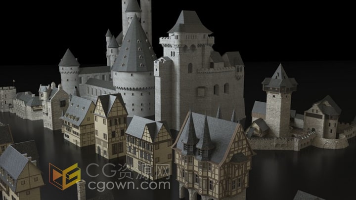 童话小镇3D模型魔法王国城堡建筑庄园酒馆场景
