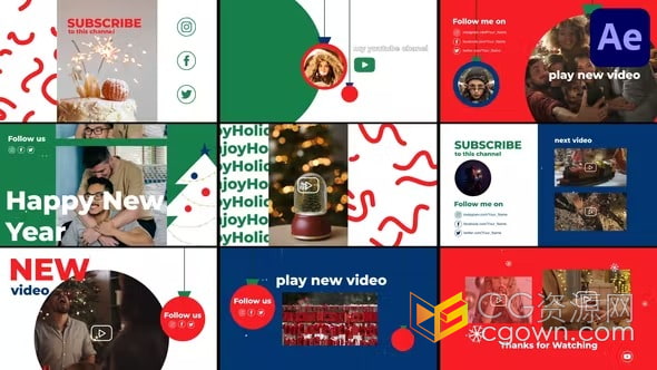AE模板-多彩实用动态端屏新年节日风格社交媒体小视频片尾画面