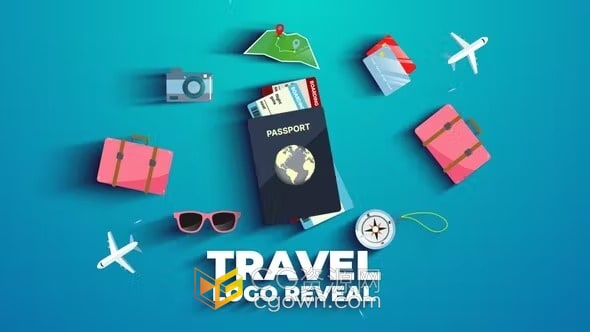 飞机机票相机眼镜地图卡通图标全球旅游vlog介绍视频片头-AE模板