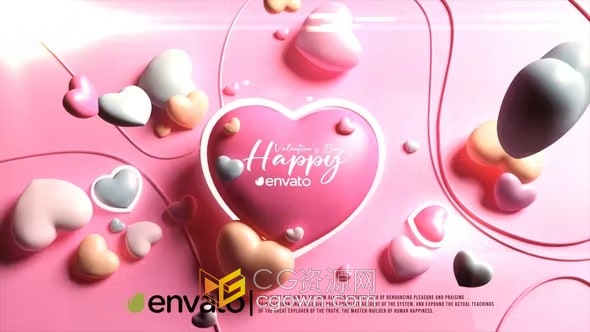 粉红色3D心型图形场景情人节开场视频动画-AE模板