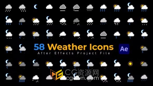 Weather Icons AE模板58种天气预报图标动画