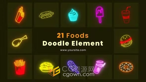 霓虹灯发光美味食品元素图标动画效果-AE模板