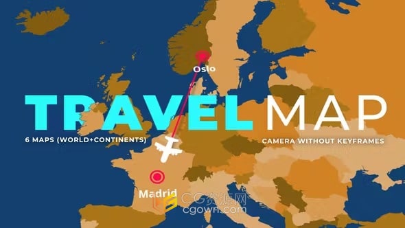 欧洲南美和北美亚洲非洲全球旅行路线3D地图动画-达芬奇模板