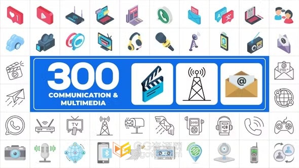 300个通信与多媒体主题图标元素包-AE模板