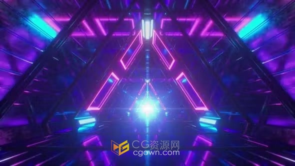 几何三角形金属走廊蓝紫色霓虹灯光隧道无尽飞行-VJ视频素材